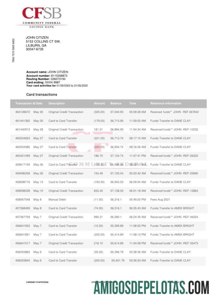 Canada CFSB extrato bancário amostra